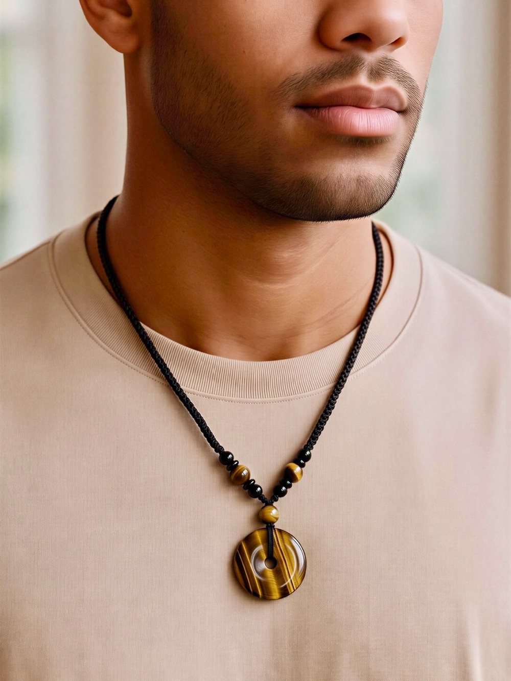 Braided Black Necklace with Tiger Eye Donut Pendant